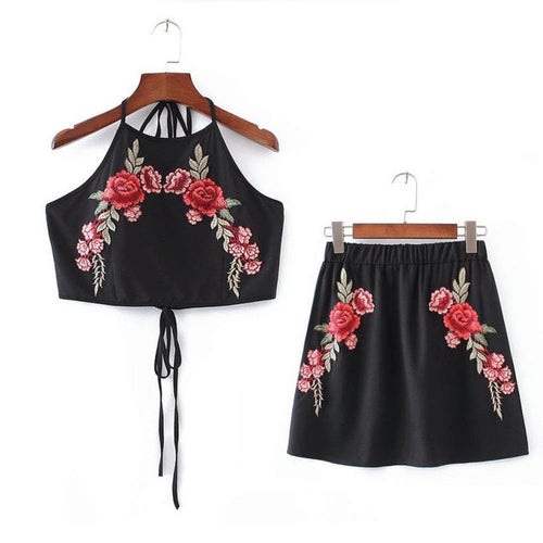 Crop Tops Women's Sets Embroidery Rose Backless Women Tanks Top+Skirts Summer Clothes Jupe Femme Saias Das Mulheres#212 SM6
