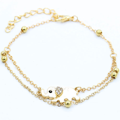Crystal Elephant Charm Anklet Women gold 2 Layer Link Chain Metal Beads Barefoot S al Foot Jewelry Feet Bracelet SM6