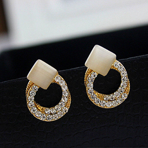 Crystal Rhinestone Stud Earrings Gold Double Ring Ear Studs Geometric Women Jewelry Elegant Korean Style SM6