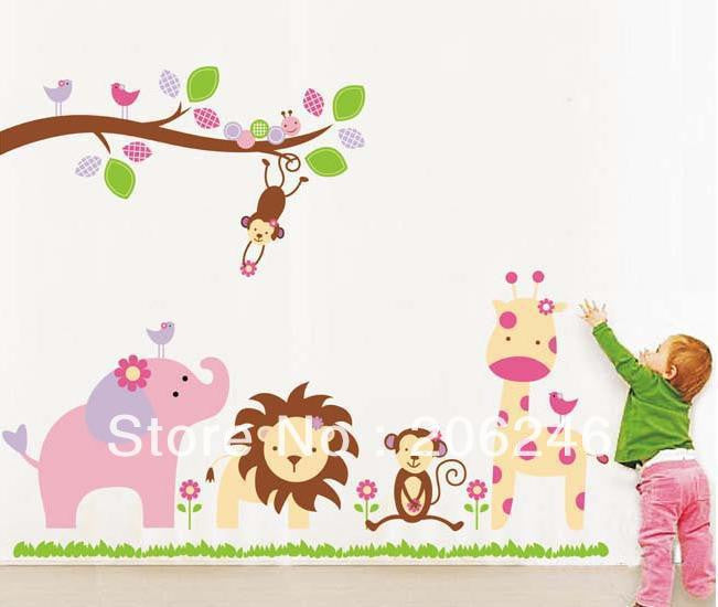 Cute 9052 World of Animal Wall Stickers African Jungle Elephant Monkey Lion Murals Tree Parlor Kids Bedroom Home Decor SM6
