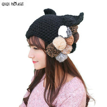 Cute Cats Ear Shaped Beanie Women Solid Knitted Ladies Winter Warm Hats Mixed Hair Ball Winter Cap Gorros E Toucas Feminina#C103 SM6