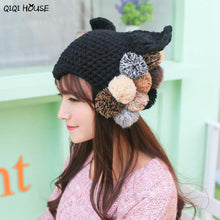 Cute Cats Ear Shaped Beanie Women Solid Knitted Ladies Winter Warm Hats Mixed Hair Ball Winter Cap Gorros E Toucas Feminina#C103 SM6