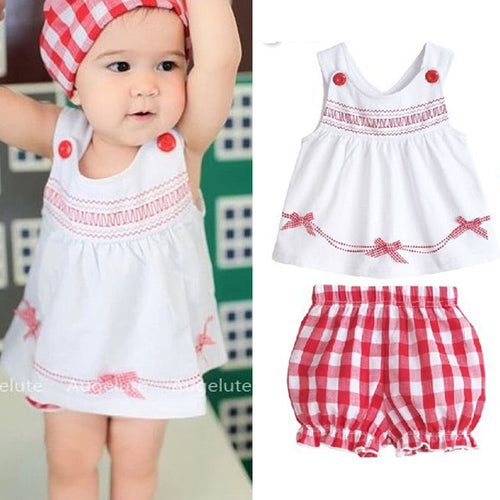 Cute Infant Bbay Girls Plaid Short Pants Clothes Sets Sleeveless Tops Scarf 3pcs Outfit Kids Clothing Set SM6