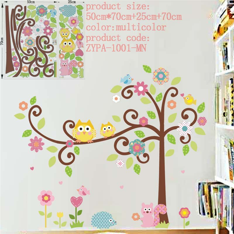 Cute wise owls tree wall stickers for kids room decorations nursery cartoon children decals 1001. animals mural arts flowers 4.0 SM6