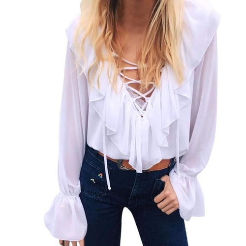 Deep V Neck Chiffon Blouses Women  Elegant Bandage Flare Long Sleeve Tops Solid Casual Women Clothing Camisetas Mujer #23 SM6