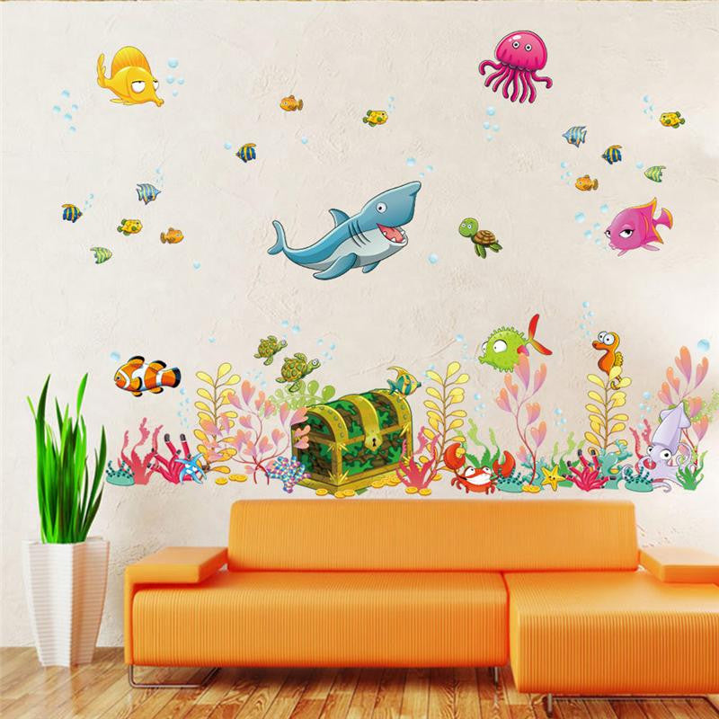 Deep sea world fish animals wall stickers room decorations cartoon mural art zoo children home decals poster 1307. 4.0 SM6