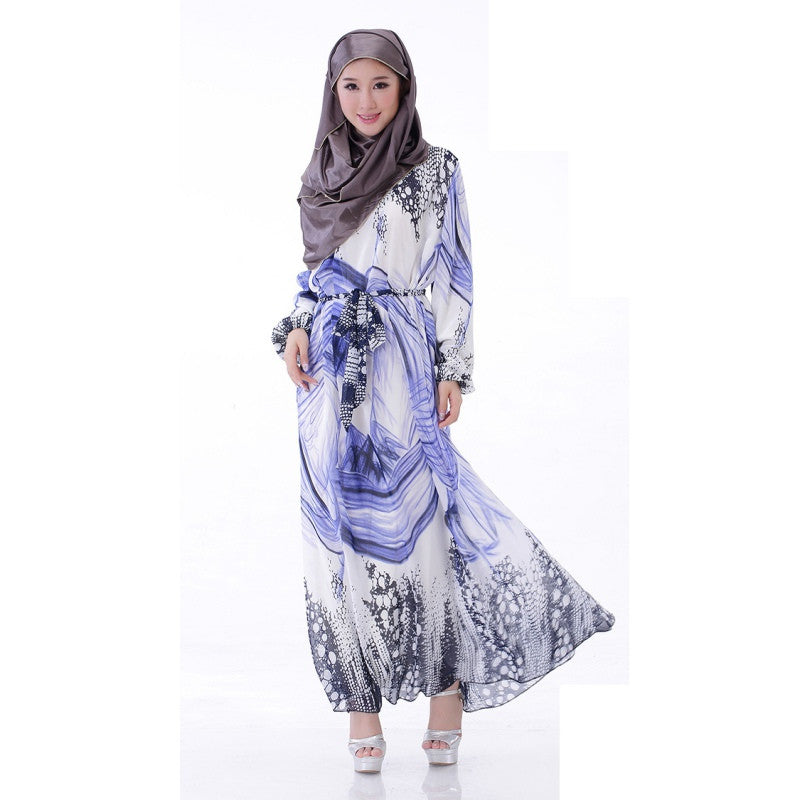 Elegant Women's Kaftan Abaya Jilbab Islamic Muslim Floral Chiffon Long Sleeve Maxi Dress PY3 SM6