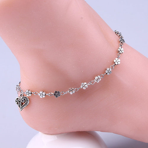Anklets For Women Silver Bead Chain Anklet Bracelet Accessories Heart Floral Foot Jewelry SM6