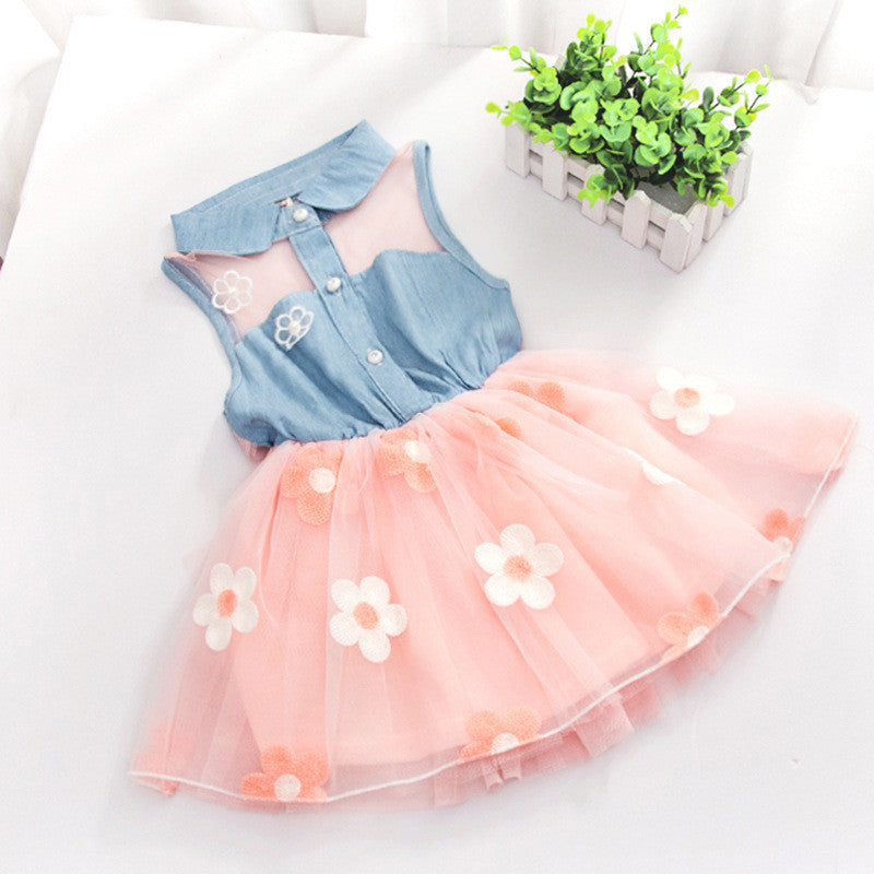 Fashion Baby Kids Girls Denim Dress Sleeveless Shirt Tulle Princess Tutu Dresses 0-4Y SM6