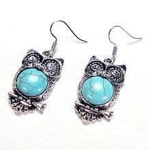 Bohemia Animal Owl Bird Ethnic Vintage Tibetan Silver Blue Turquoise Bead Dangle Earrings SM6