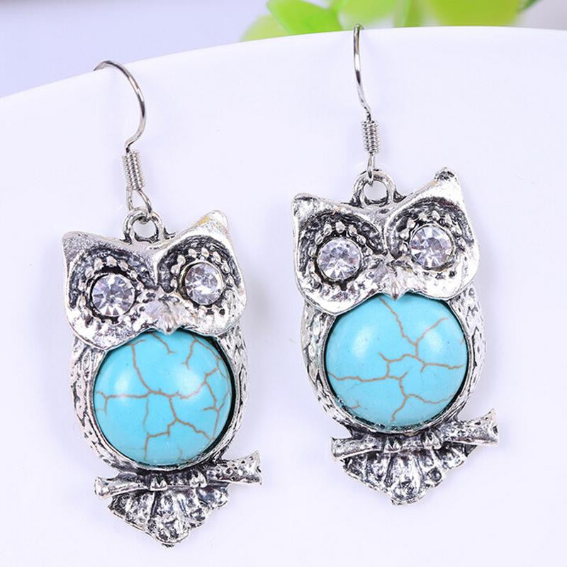 Bohemia Animal Owl Bird Ethnic Vintage Tibetan Silver Blue Turquoise Bead Dangle Earrings SM6