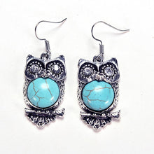 Bohemia Animal Owl Bird Ethnic Vintage Tibetan Silver Blue Turquoise Bead Dangle Earrings SM6