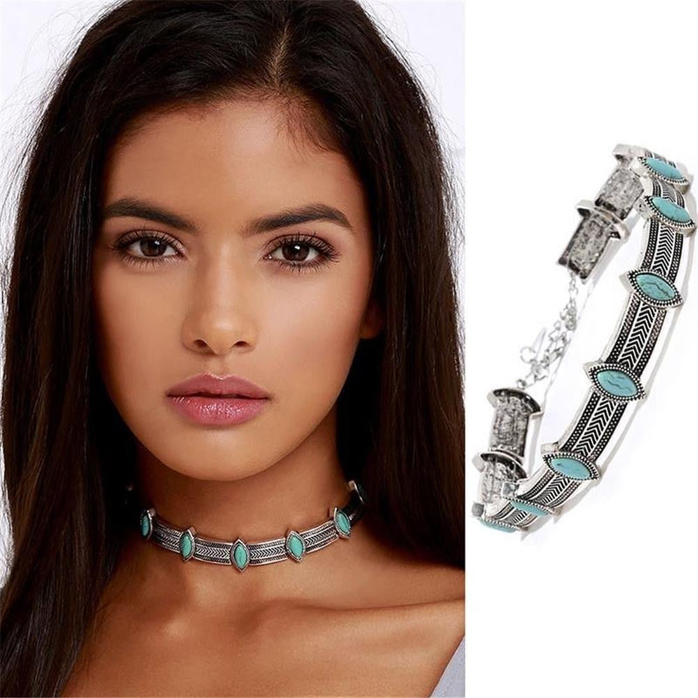 Boho Collar Choker Silver Necklace jewelry Necklace women Euro Vintage Necklace Bohemia Turquoise Beads SM6