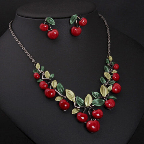 Cute Cherry Statement Necklace With Earrings Maxi Necklace For Women Best Gift S SM6