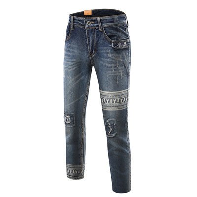 Denim Pants Printed Jeans Style Full Length Skull Picture Jeans Punk Style Beggar Slim Fit Jeans Men Pants SM6