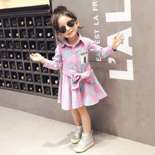 Fashion Kids Girls Plaid Dress Long Sleeve Sashes Turn-down Collar Dresses Children Clothes SM6