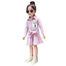 Fashion Kids Girls Plaid Dress Long Sleeve Sashes Turn-down Collar Dresses Children Clothes SM6