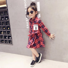 Fashion Kids Girls Plaid Dress Long Sleeve Sashes Turn-down Collar Dresses Children Clothes SM6