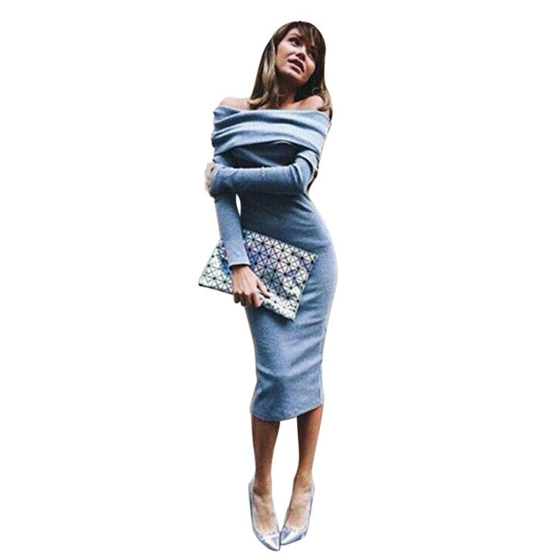 Fashion Lady Long Sleeve Off Shoulder Party Cocktail Pullover Dress Slim Pencil SM6