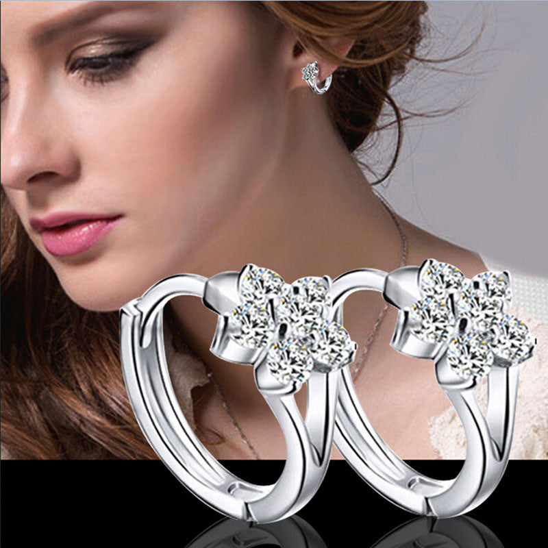 Round Crystal Earrings Silver Plated Zircon Snowflake Ear Stud Earrings For Girls Gifts Women Ladies Jewelry SM6