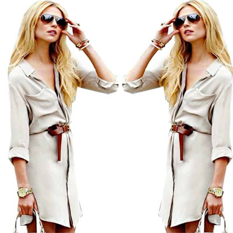 Fashion Sexy Women V-neck Long Sleeve Loose Tops Blouse Short Mini Button Shirt Dresses PY3 SM6