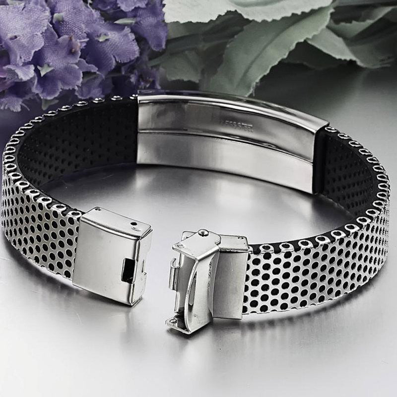 Fashion Stainless Steel Silver and Black Leather Cuff Bangle Bracelet Men Wristband Gift SM6