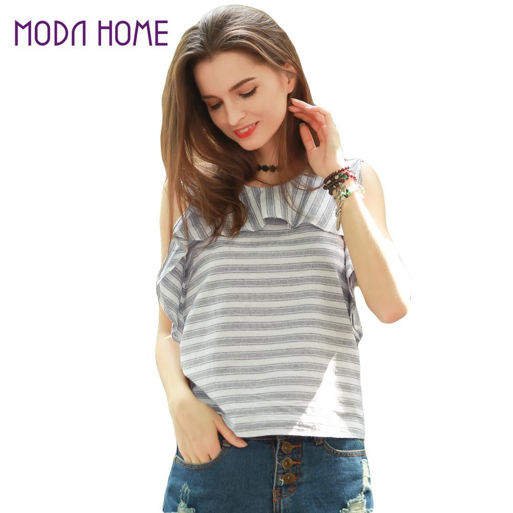 Striped Print T Shirt Women Sleeveless Ruffle Casual Tops Elegant Ladies T-shirts Plus Size Tee Shirt  SM6