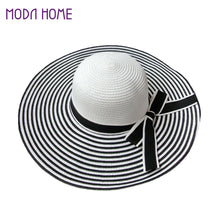 Beach Bohemia Headwear Women Straw Sun Hat Wide Brim Stripes Bow Floppy Cap Chapeu Feminino Black SM6