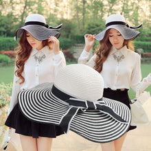 Beach Bohemia Headwear Women Straw Sun Hat Wide Brim Stripes Bow Floppy Cap Chapeu Feminino Black SM6