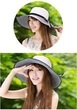Beach Bohemia Headwear Women Straw Sun Hat Wide Brim Stripes Bow Floppy Cap Chapeu Feminino Black SM6