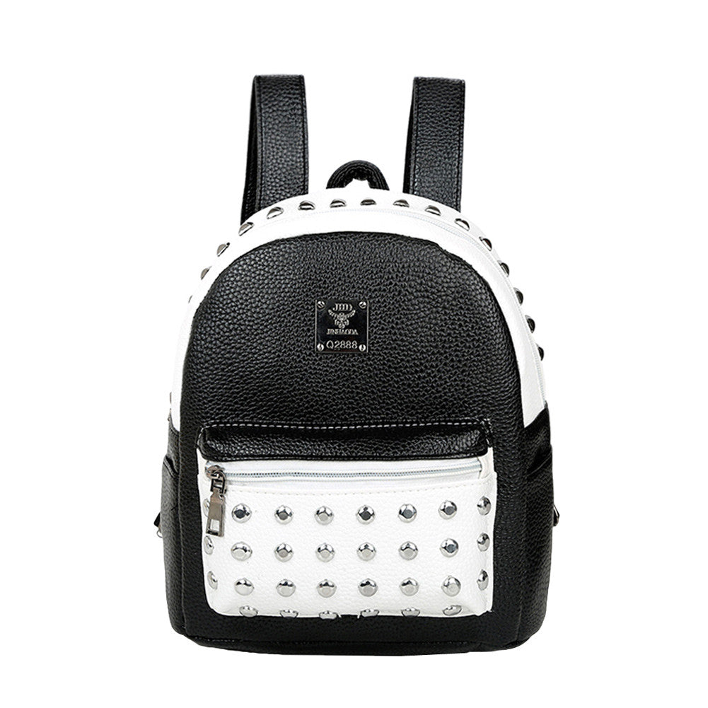 Women BlackWhite Backpack PU Leather Rivet Patchwork Casual Student Girls Schoolbag Teenagers Small Vintage Backpacks SM6
