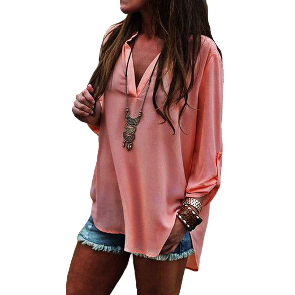 Women Chiffon Blouse Top Solid Color Irregular Hem Long Sleeve Casual Chiffon Shirt Plus Size Button Tops Blusas SM6