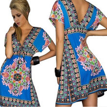 Fashion Women Deep V-Neck Dress Floral Print Short Sleeve Beach Boho Knee Length Sundress SM6