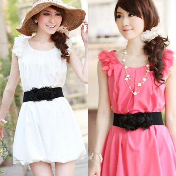 Fashion Women Girl Chiffon Flower Double Rose Flower Elastic Stretch Waist Belt SM6