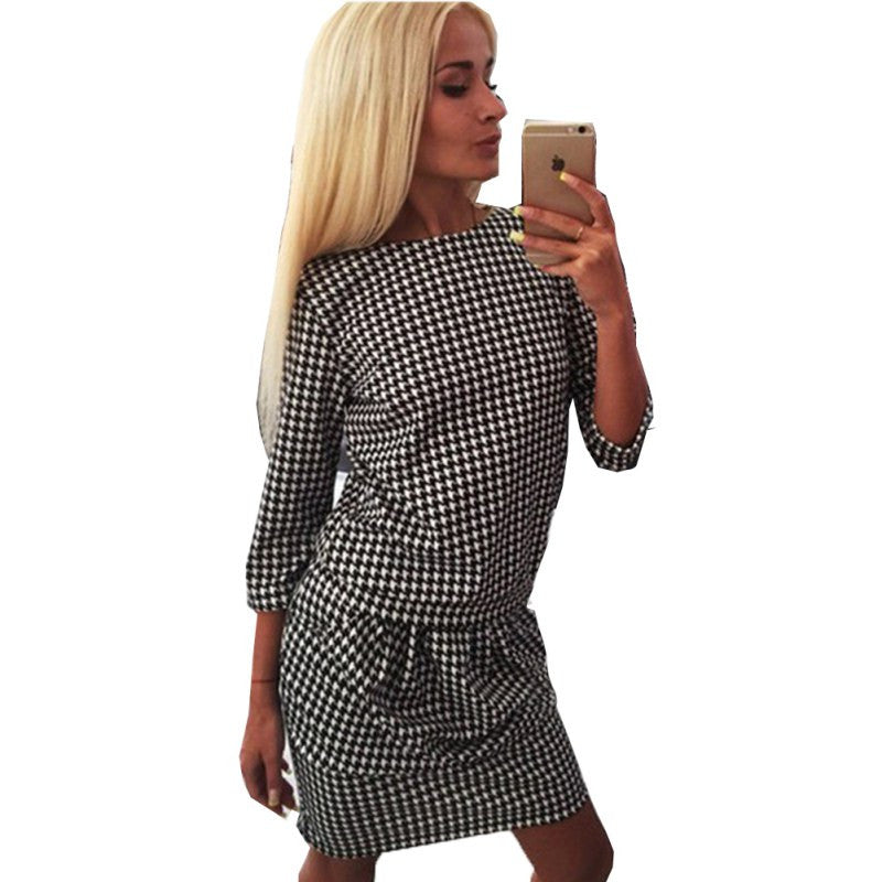 Fashion Women Houndstooth 3/4 Sleeve Casual Tight Slim Party Club Mini Dress PY3 SM6
