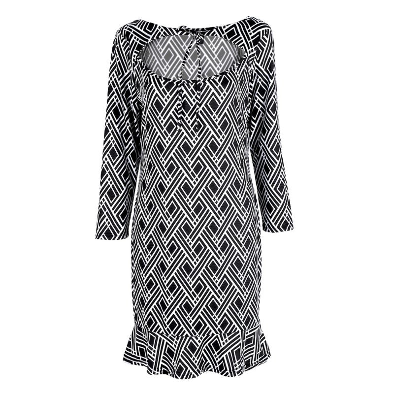 Fashion Women Lady Slim Trumpet Black and White Printed Pleated Mini Dress S-XL SM6