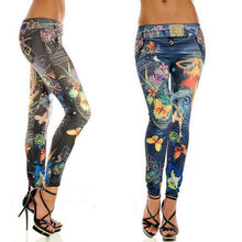 Women Sexy Leggings Buttlefly Flower Printed Imitation Jeans Elastic Slim Punk Style Faux Denim Pencil Pants SM6