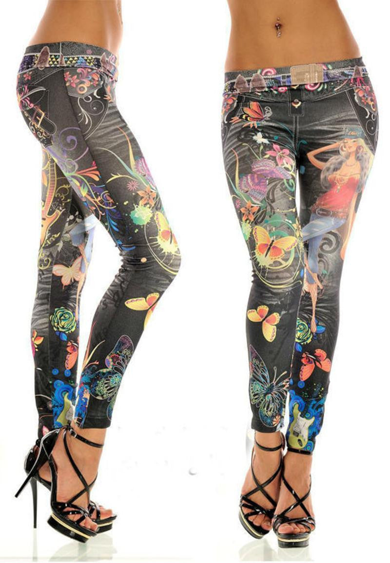 Women Sexy Leggings Buttlefly Flower Printed Imitation Jeans Elastic Slim Punk Style Faux Denim Pencil Pants SM6