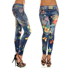 Women Sexy Leggings Buttlefly Flower Printed Imitation Jeans Elastic Slim Punk Style Faux Denim Pencil Pants SM6