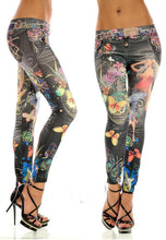 Women Sexy Leggings Buttlefly Flower Printed Imitation Jeans Elastic Slim Punk Style Faux Denim Pencil Pants SM6