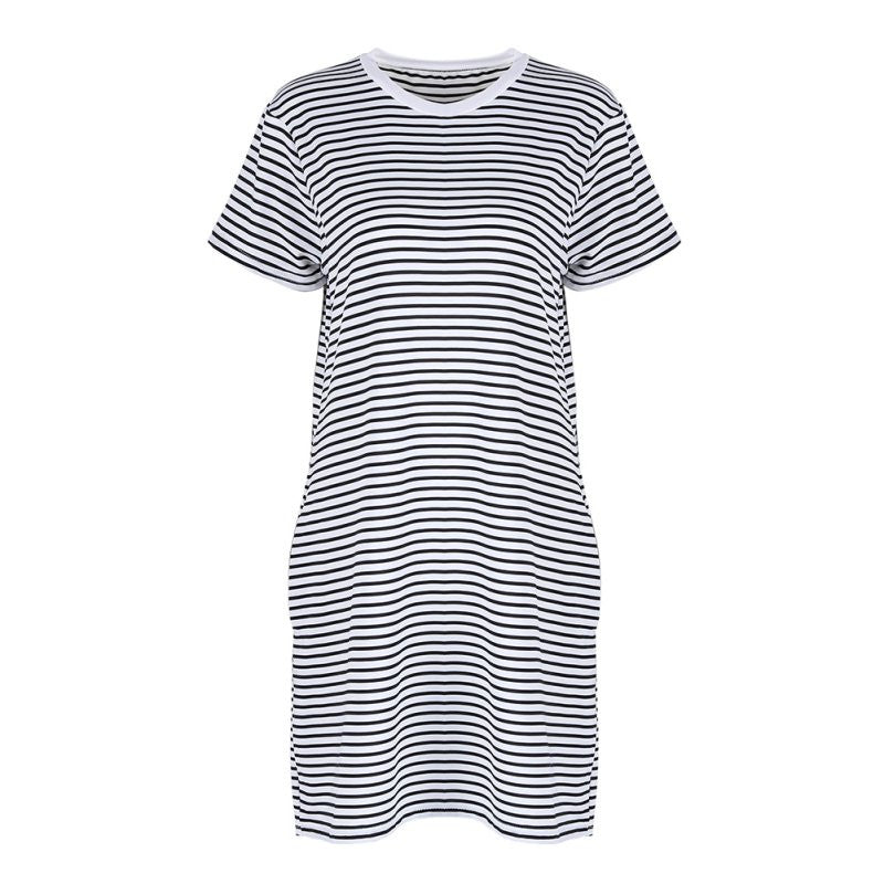 Fashion Women Strip Loose T Shirt Top Short Sleeve Casual Mini Shirt Dress SM6
