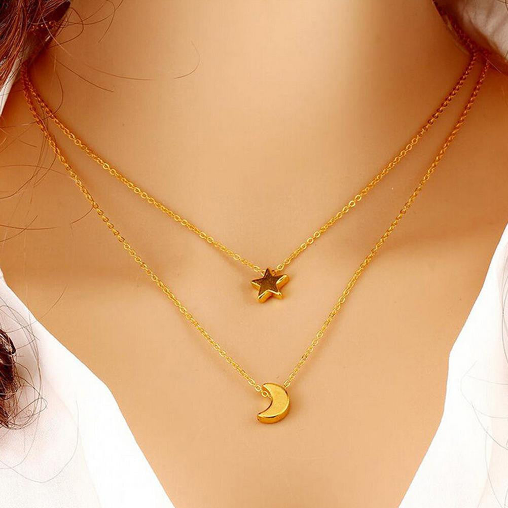 jewelry copper alloy chain link star moon layer pendant necklace gift for women girl SM6