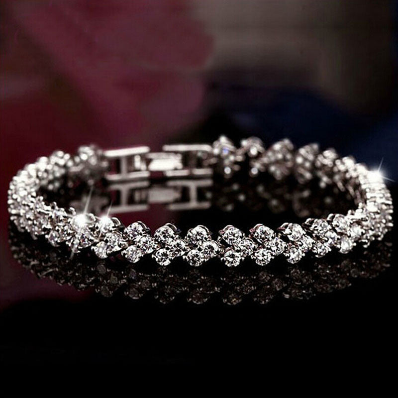 For Women Style Silver Plated Bracelets Bangles Roman Shiny CZ Diamond Heart Shape Chain Bracelets SM6