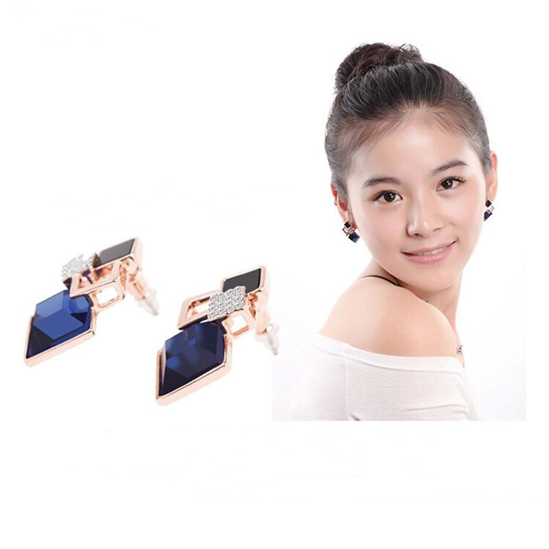 For Women Trendy Jewelry Elegant Cube Earrings Blue Geometric Rhinestone Crystal Stud Earrings SM6