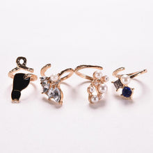 For Women Vogue Nail Rings Chic Knuckle Rings Jewelry 4pc Crystal Black Cat Pearl Rings Set SM6