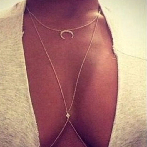 Charming Crossover Harness Crystal Moon Golden Necklace Waist Belt Belly Body Chain Jewelry SM6