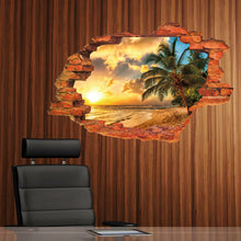 :3D Broken Wall Sunset Scenery Seascape Island Coconut Trees Household Adornment Can Remove The Wall Stickers SM6