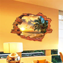 :3D Broken Wall Sunset Scenery Seascape Island Coconut Trees Household Adornment Can Remove The Wall Stickers SM6