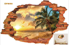 :3D Broken Wall Sunset Scenery Seascape Island Coconut Trees Household Adornment Can Remove The Wall Stickers SM6