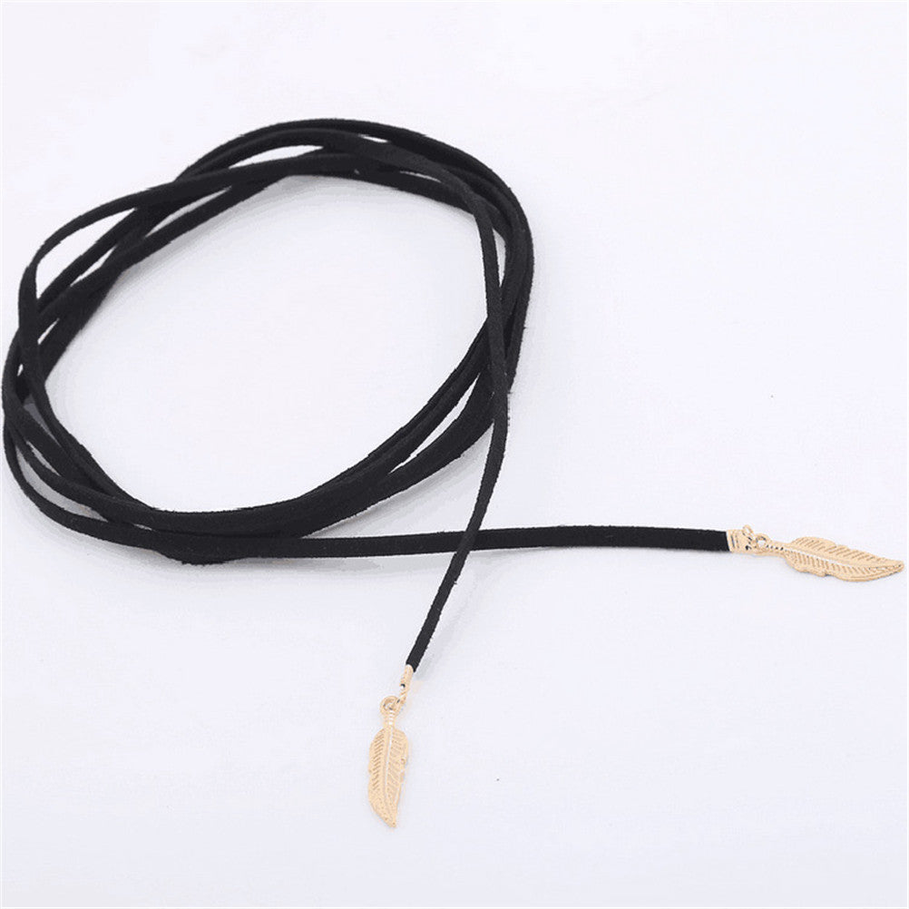 Gifts For Lady Elegant Women Long Black Velvet Rope Gold Leaf Pendant Choker Collar Necklace SM6
